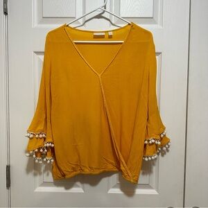 New York & Company Yellow Bell Sleeve Wrap Blouse